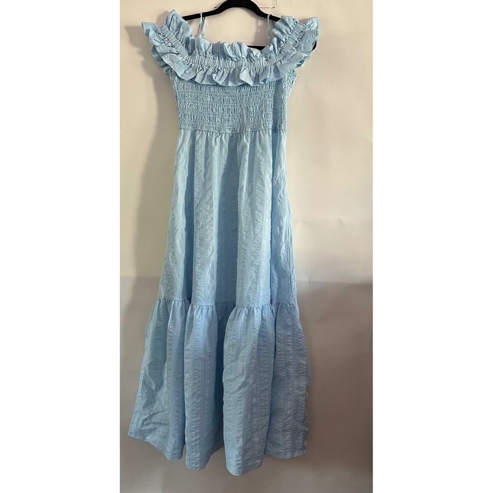 Ganni Light Blue Seersucker Smocked Maxi Midi Dress Ruffle Off Shoulder Size 38